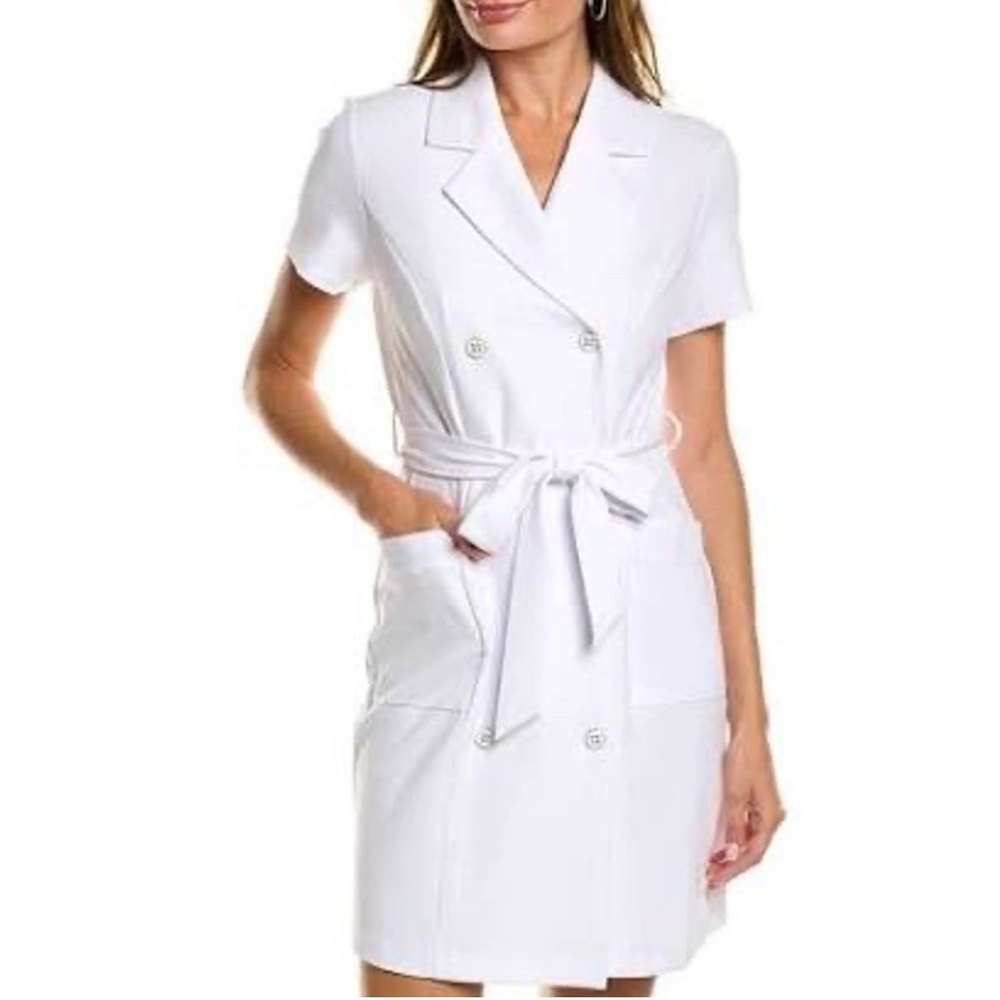 NWT Nanette Lepore Short Sleeve Scuba Crepe Blazer Dress With Tie white Size 4